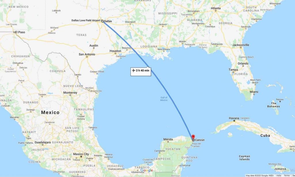 Dallas to Cancun Map