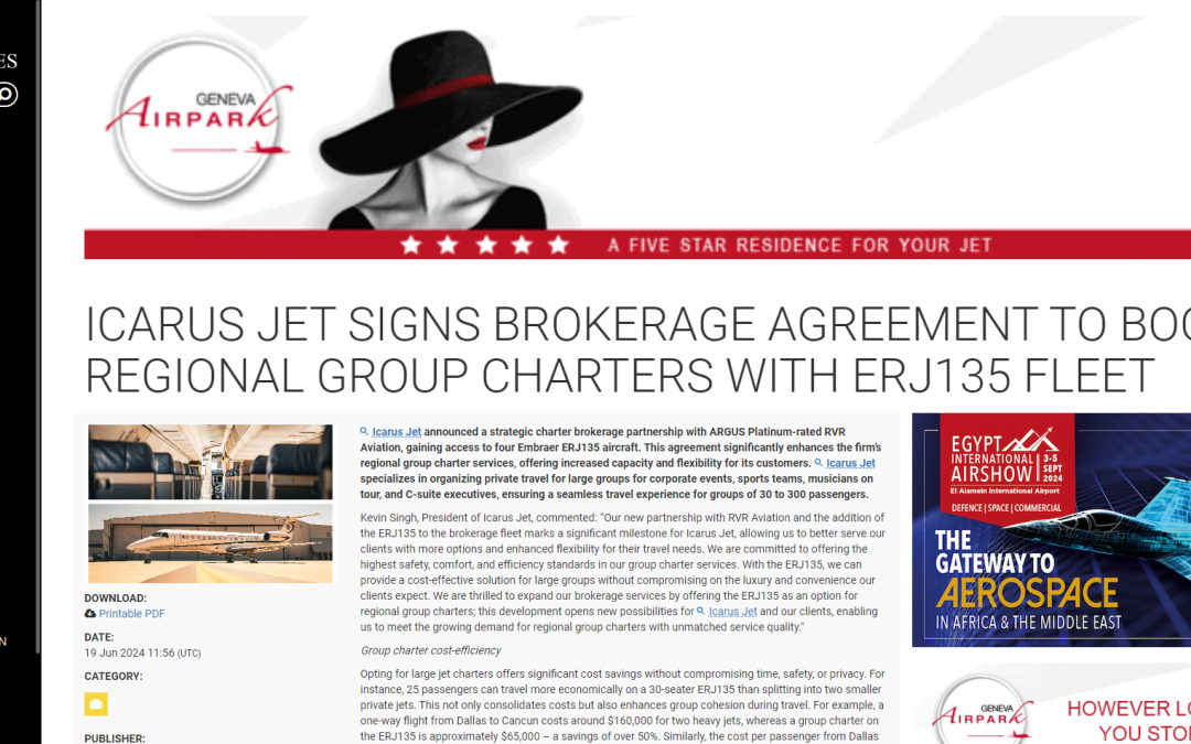 ICARUS JET SIGNS BROKERAGE AGREEMENT TO BOOST REGIONAL GROUP CHARTERS WITH ERJ135 FLEET