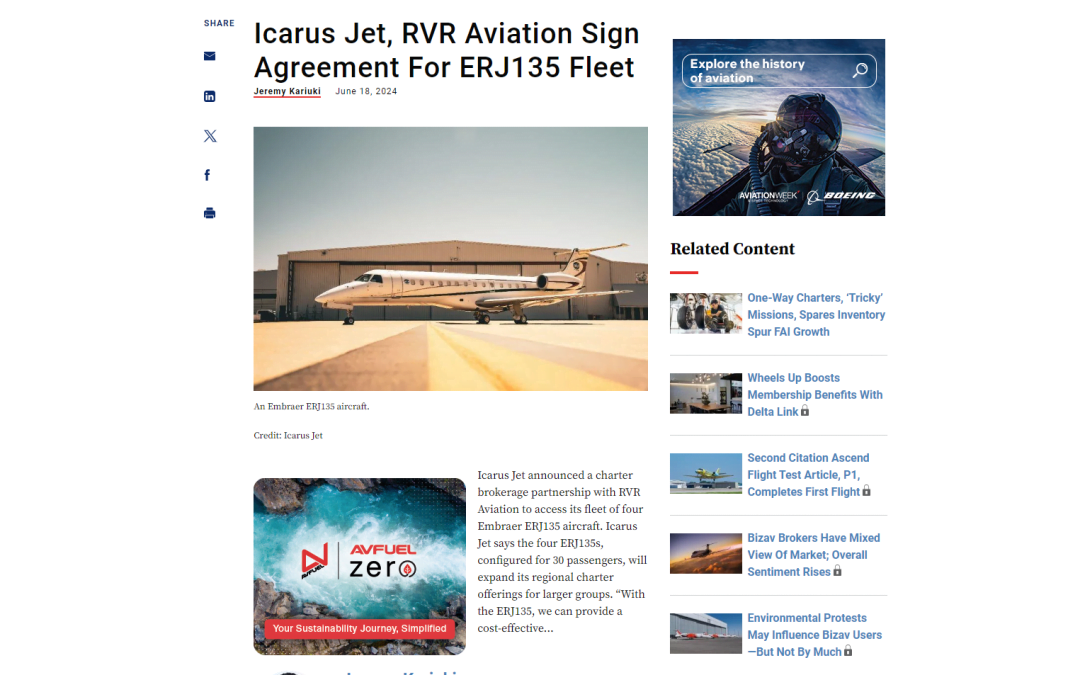 Icarus Jet, RVR Aviation Sign Agreement For ERJ135 Fleet