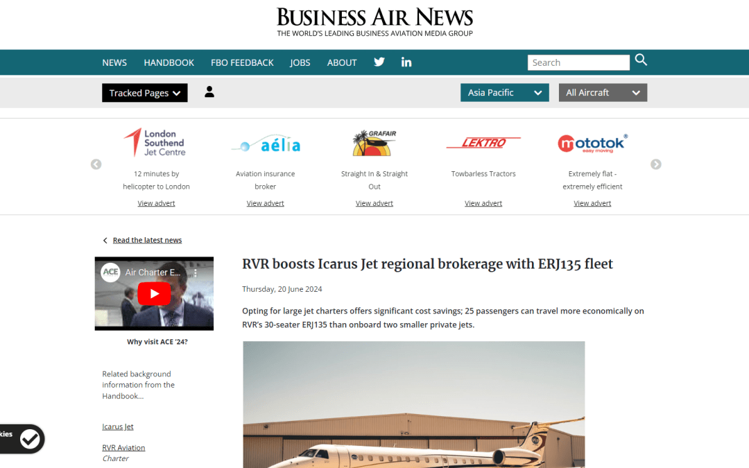 RVR boosts Icarus Jet regional brokerage with ERJ135 fleet