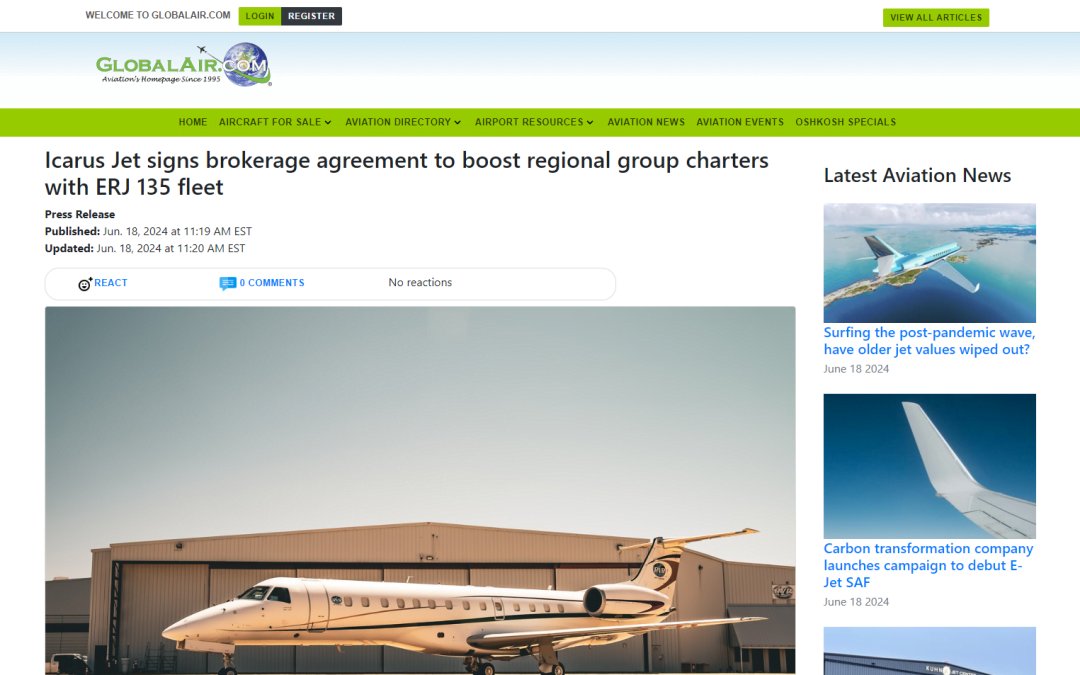 Icarus Jet signs brokerage agreement to boost regional group charters with ERJ 135 fleet