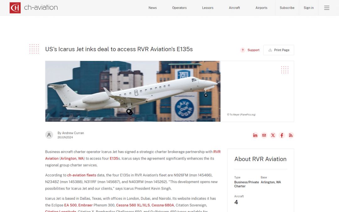 US’s Icarus Jet inks deal to access RVR Aviation’s E135s