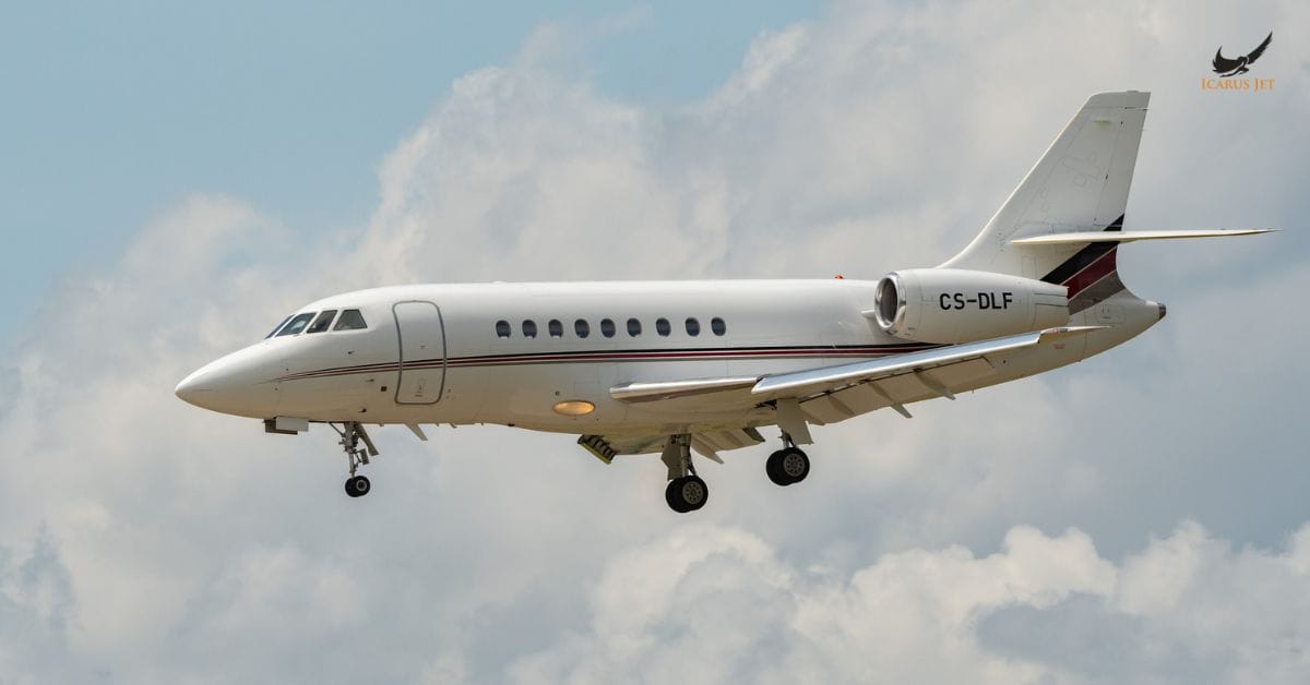 Private jet approaching runway with landing gear down