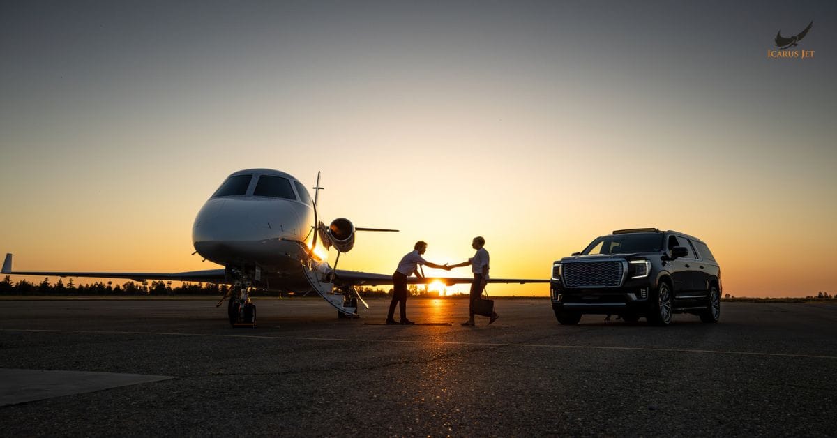 Private jet with chauffeur car and client handshake at sunset