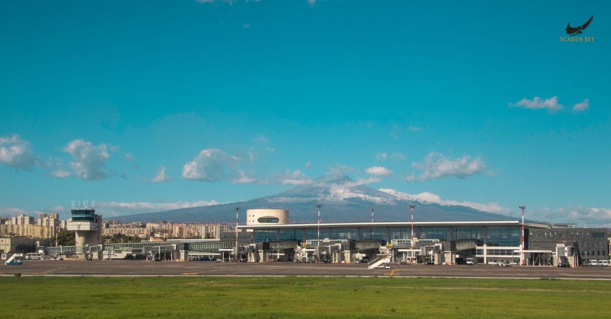 Catania Airport terminal with Mount Etna in the background