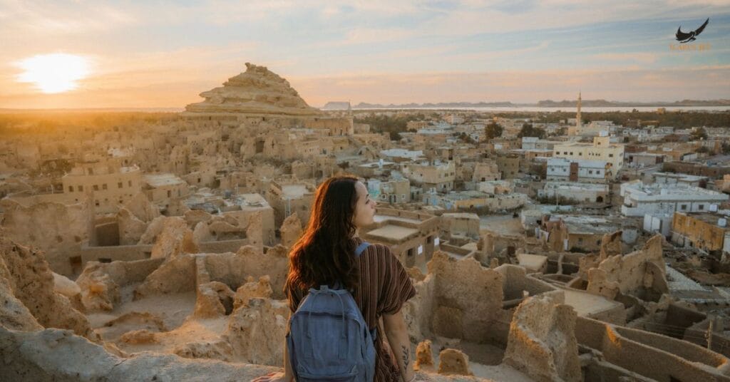 Alexandria International Airport (HBE / HEAX): traveler overlooking historic Cairo city with Citadel at sunset