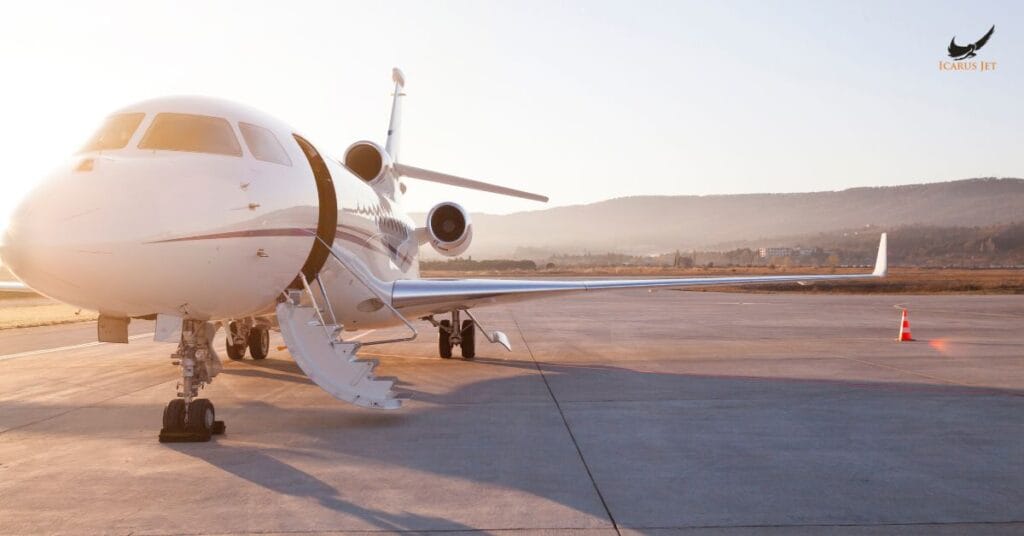 Cabo San Lucas International Airport (CSW / MMSL): private jet parked on the tarmac with boarding stairs open at sunset