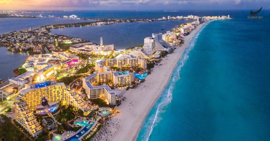 Cancún International Airport (CUN / MMUN): aerial view of Cancun hotels along a turquoise Caribbean coastline