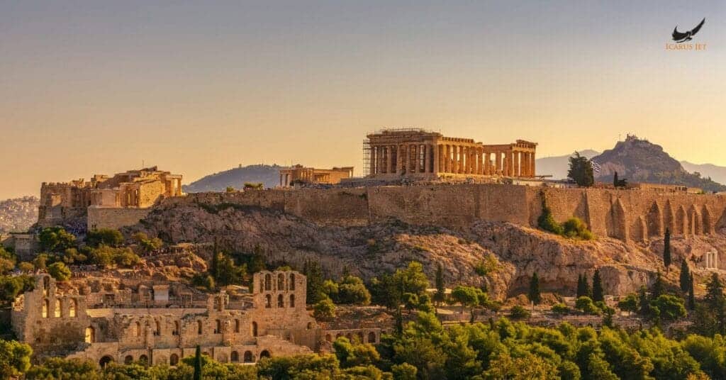 Tatoi Airport (LGTT): acropolis ruins above Athens lit by warm sunset light