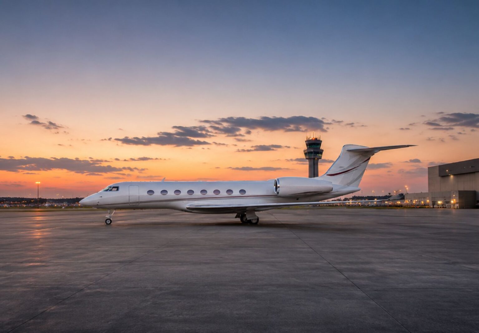 Farnborough Airport (FAB / EGLF): gulfstream private jet parked on the apron at dusk with the control tower behind