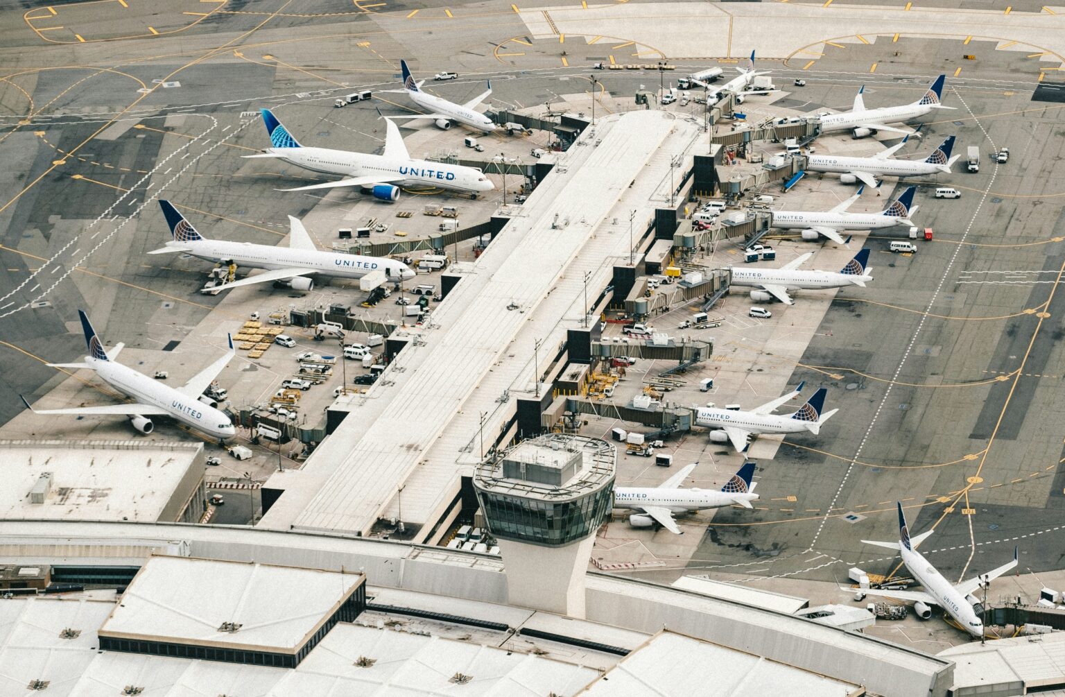 Los Angeles International Airport (LAX / KLAX): aerial view of a terminal pier with aircraft parked at the gates