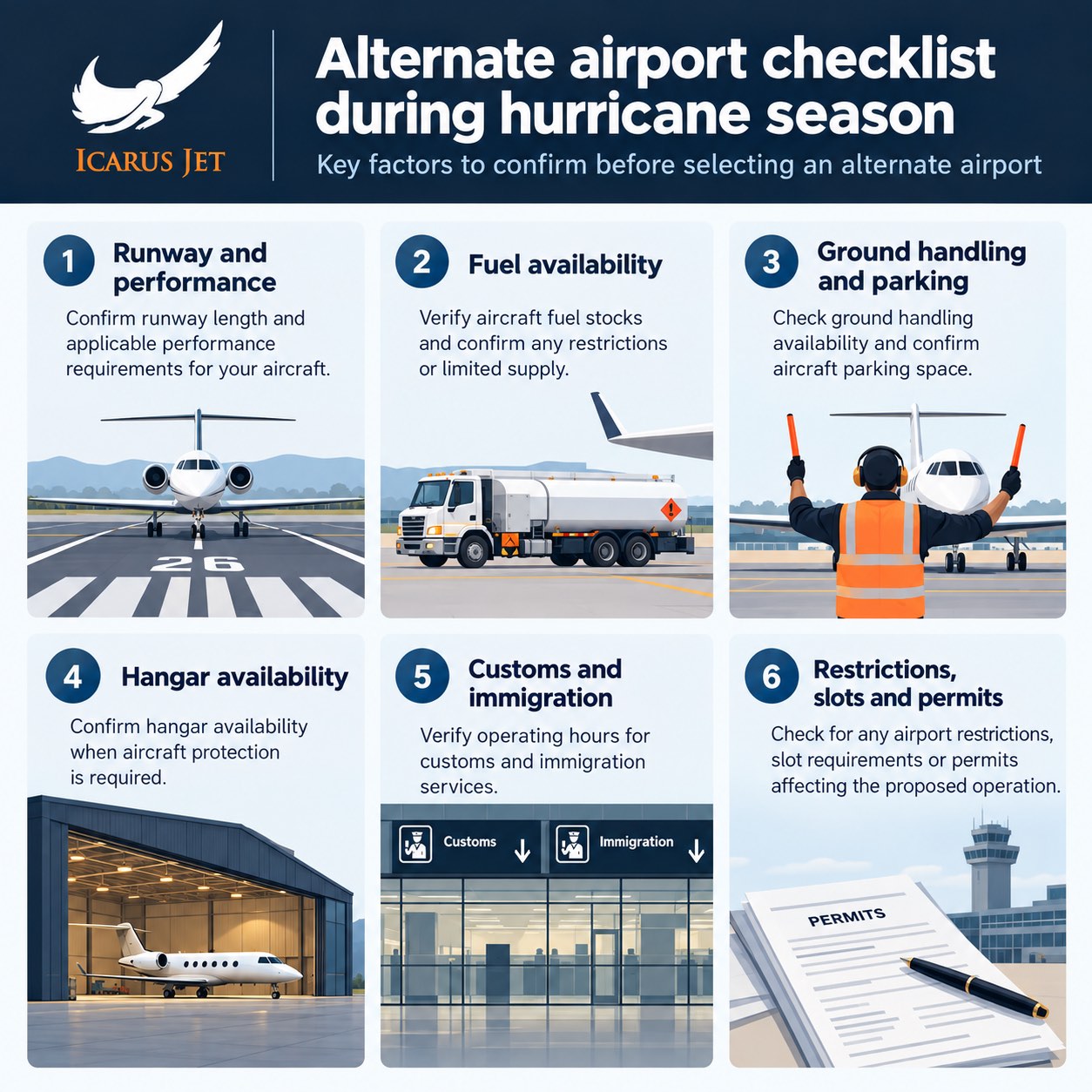 Alternate airport checklist during hurricane season: 1 runway and performance, 2 fuel availability, 3 ground handling and parking, 4 hangar availability, 5 customs and immigration hours, 6 restrictions, slots and permits