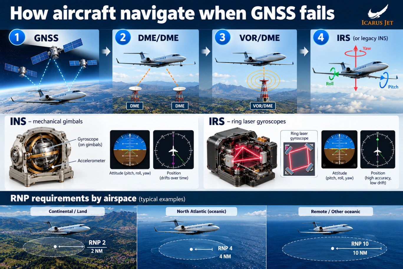 How aircraft navigate when GNSS fails: 1 GNSS, 2 DME/DME, 3 VOR/DME, 4 IRS or legacy INS; INS with mechanical gimbals versus IRS with ring laser gyroscopes; typical RNP 2, RNP 4 and RNP 10 requirements