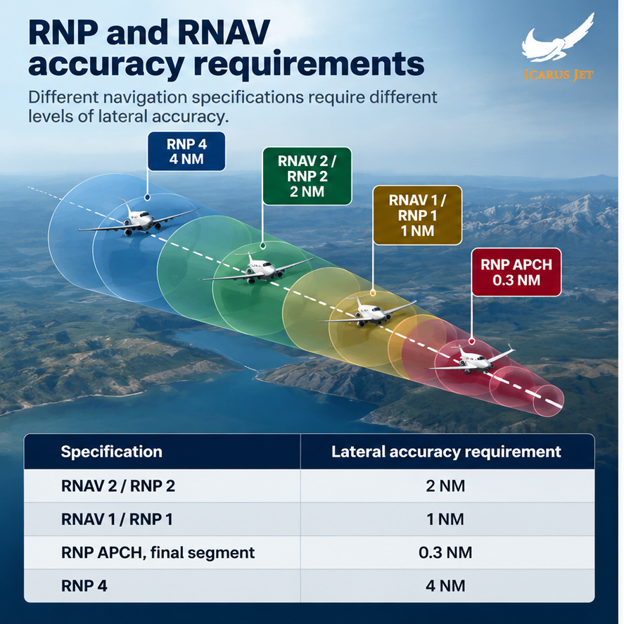 RNP and RNAV lateral accuracy requirements: RNP 4 is 4 NM, RNAV 2 or RNP 2 is 2 NM, RNAV 1 or RNP 1 is 1 NM, RNP APCH final segment is 0.3 NM